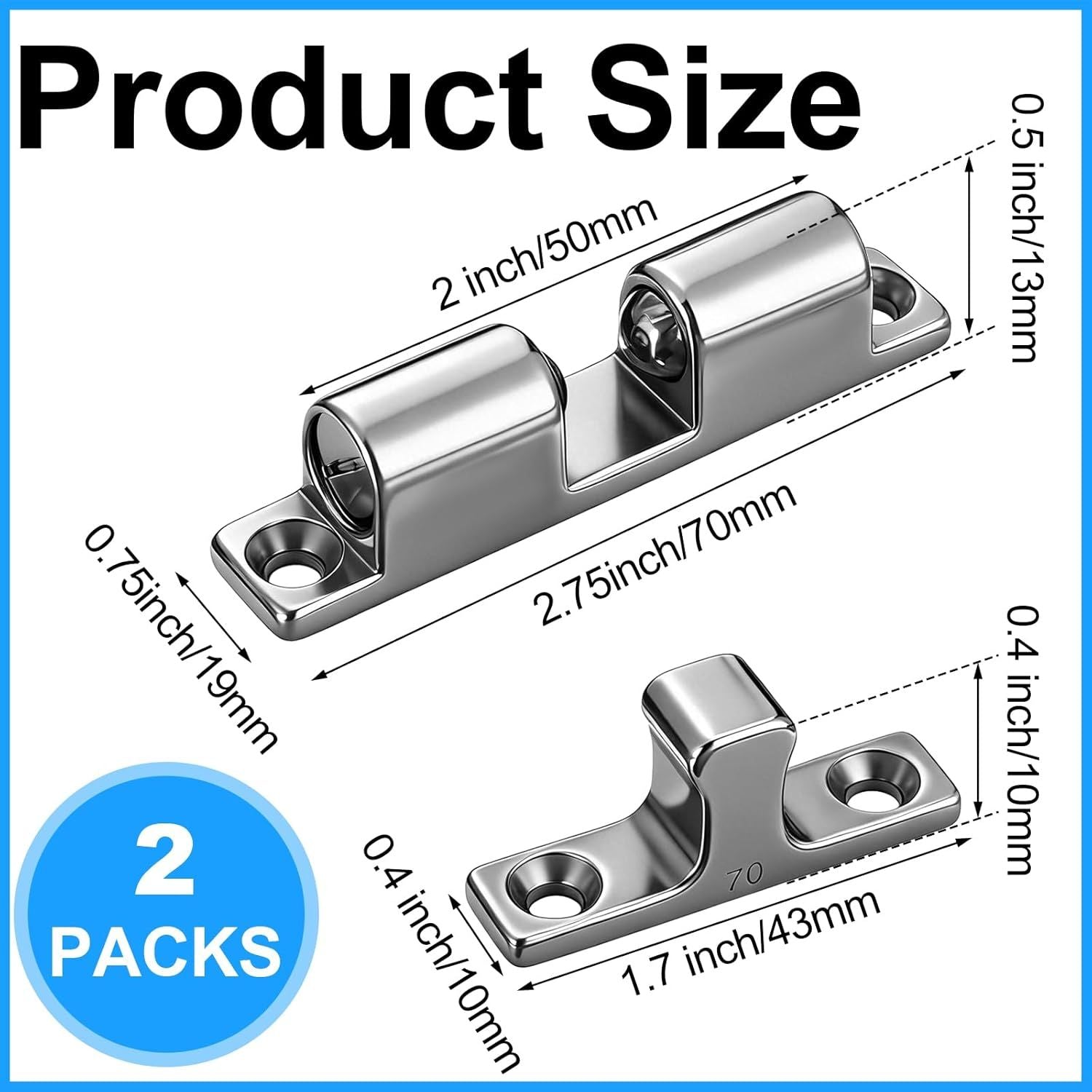 2 Pack Marine Grade 316 Stainless Steel Cabinet Tension Catch 70 mm Double Ball Tension Roller Catch Latch for Ship Hardware, Deck Installation, Cabinet, Closet & Furniture Door