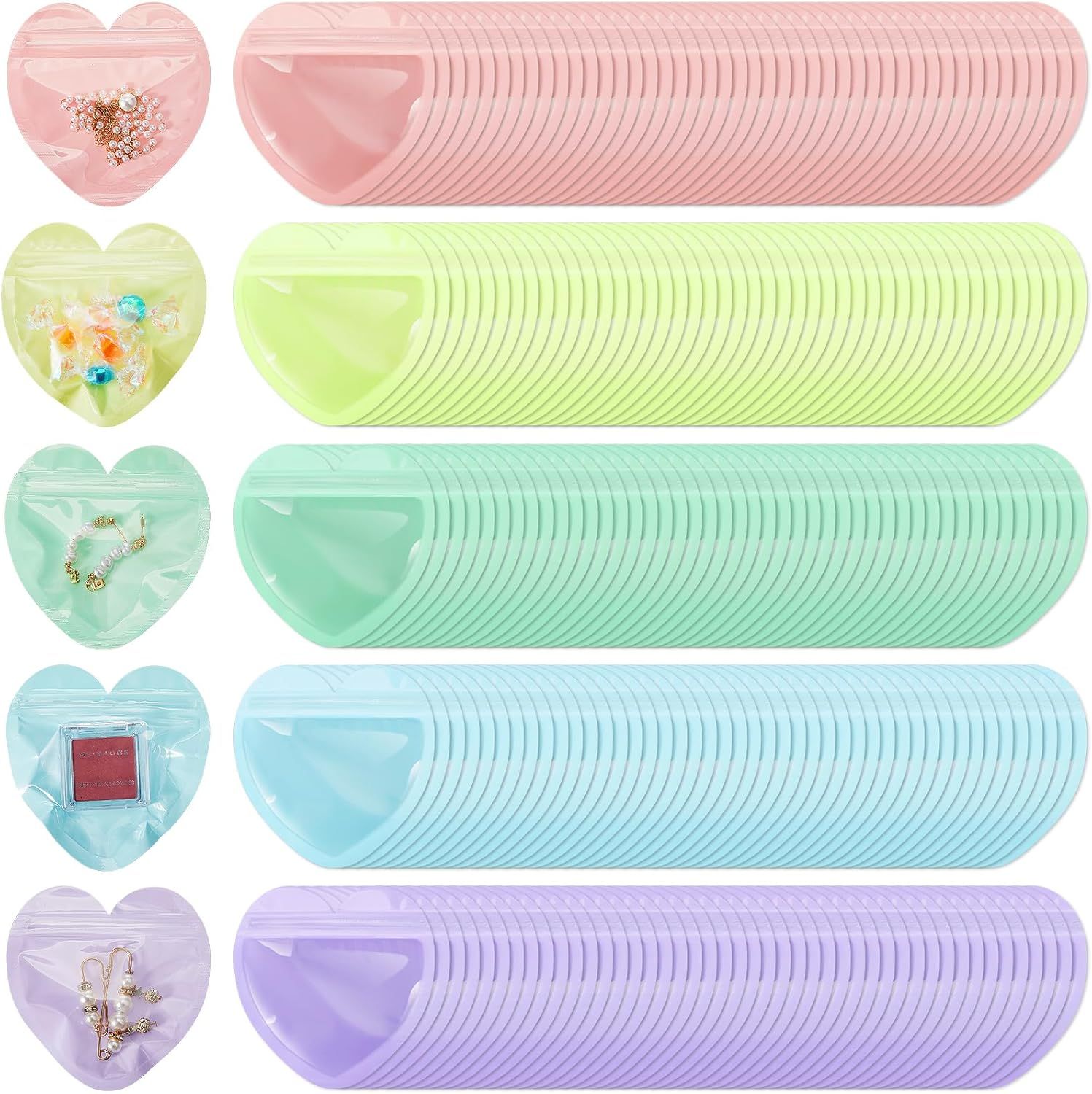 300 Pcs Heart Shaped Jewelry Bags 3.9 x 3.9 Inch Jewelry Packaging for Small Business Zip with Top Lock Baggies Cute Packaging Supplies for Necklace Earring Bracelets Sample Mixed Color,Heart Shaped
