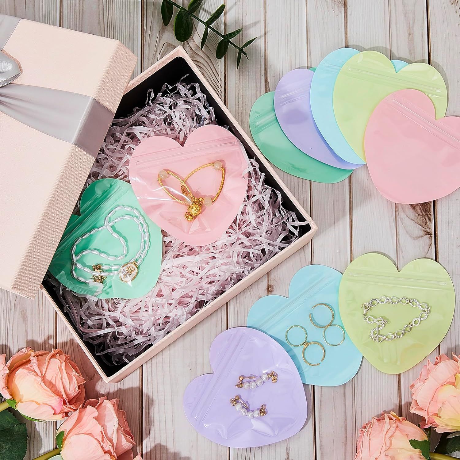 300 Pcs Heart Shaped Jewelry Bags 3.9 x 3.9 Inch Jewelry Packaging for Small Business Zip with Top Lock Baggies Cute Packaging Supplies for Necklace Earring Bracelets Sample Mixed Color,Heart Shaped
