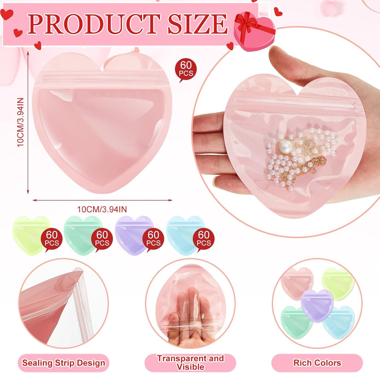 300 Pcs Heart Shaped Jewelry Bags 3.9 x 3.9 Inch Jewelry Packaging for Small Business Zip with Top Lock Baggies Cute Packaging Supplies for Necklace Earring Bracelets Sample Mixed Color,Heart Shaped
