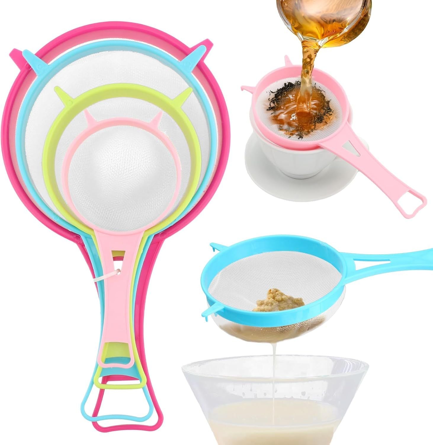 4Pcs Fine Mesh Strainer Set, Solid-Liquid Separator Gadget, Plastic Flour Colander with Non Slip Handles, Kitchen Tools for Yogurt Baking Tea Coffee Juice Pasta 4 Size