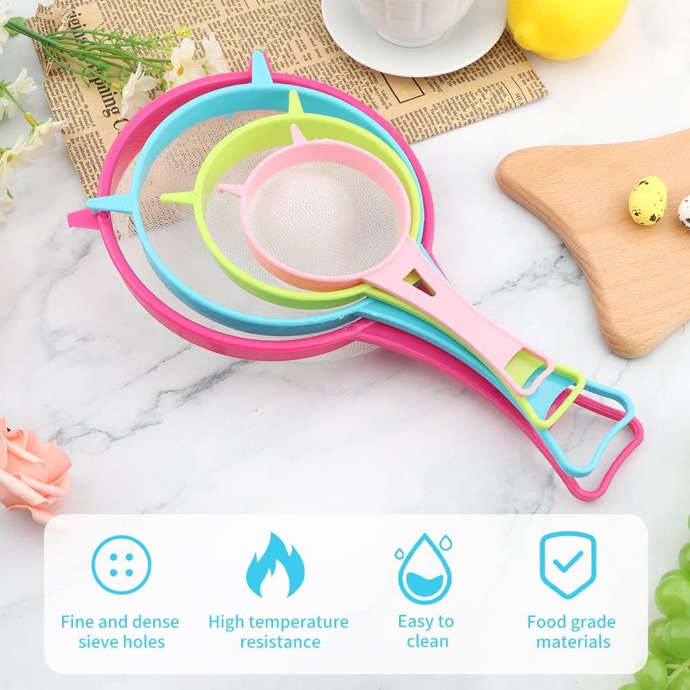 4Pcs Fine Mesh Strainer Set, Solid-Liquid Separator Gadget, Plastic Flour Colander with Non Slip Handles, Kitchen Tools for Yogurt Baking Tea Coffee Juice Pasta 4 Size