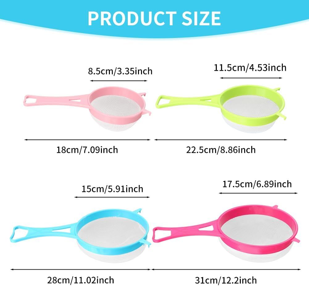 4Pcs Fine Mesh Strainer Set, Solid-Liquid Separator Gadget, Plastic Flour Colander with Non Slip Handles, Kitchen Tools for Yogurt Baking Tea Coffee Juice Pasta 4 Size