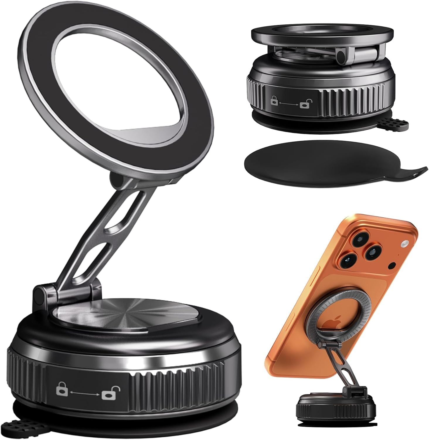 Car Phone Holder for Magsafe, 360° Adjustable Foldable Car Mount 108LBS Strongest Suction & 2800gf Magnetic Portable for Car/Gym/Mirror Mount/Daily Stand for iPhone and All Smartphones, Black