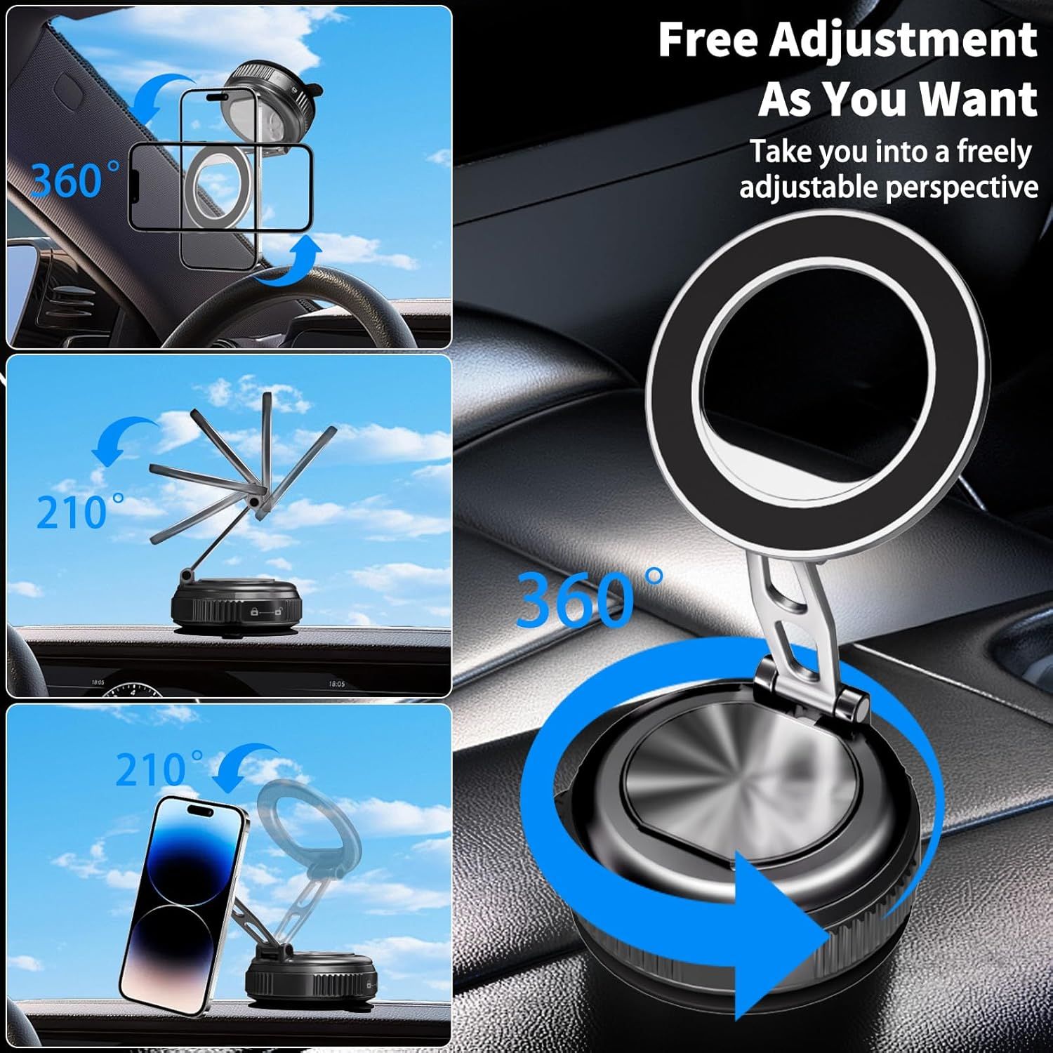 Car Phone Holder for Magsafe, 360° Adjustable Foldable Car Mount 108LBS Strongest Suction & 2800gf Magnetic Portable for Car/Gym/Mirror Mount/Daily Stand for iPhone and All Smartphones, Black