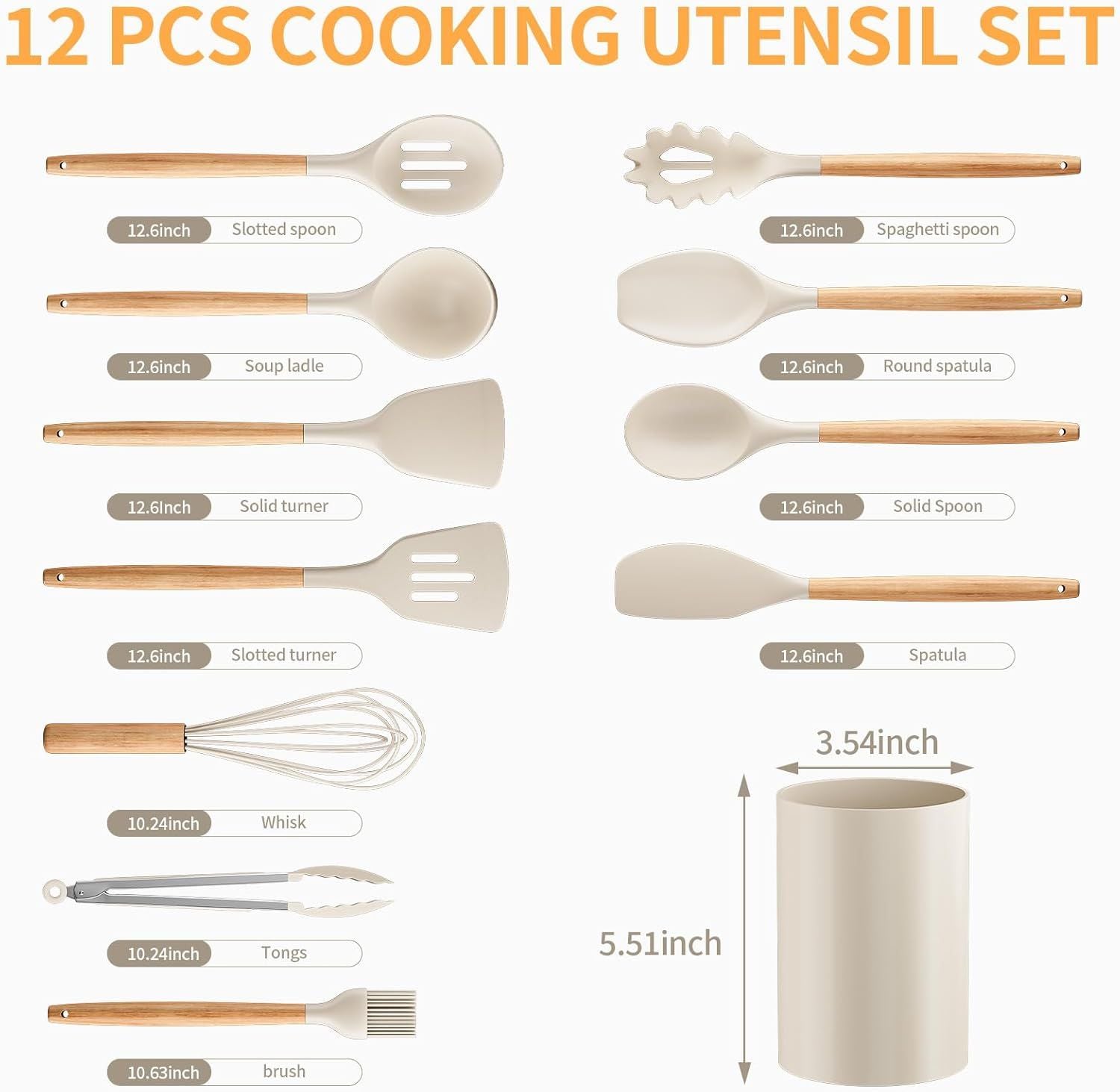 Silicone Cooking Utensil Set,12 PCS Cooking Cookware Kitchen Utensils Set for Cooking, Nonstick 446°F Heat-Resistant Cookware Kitchen Tools of Spoon,Brush,Whisk,Spatula,Turner Tongs Khaki