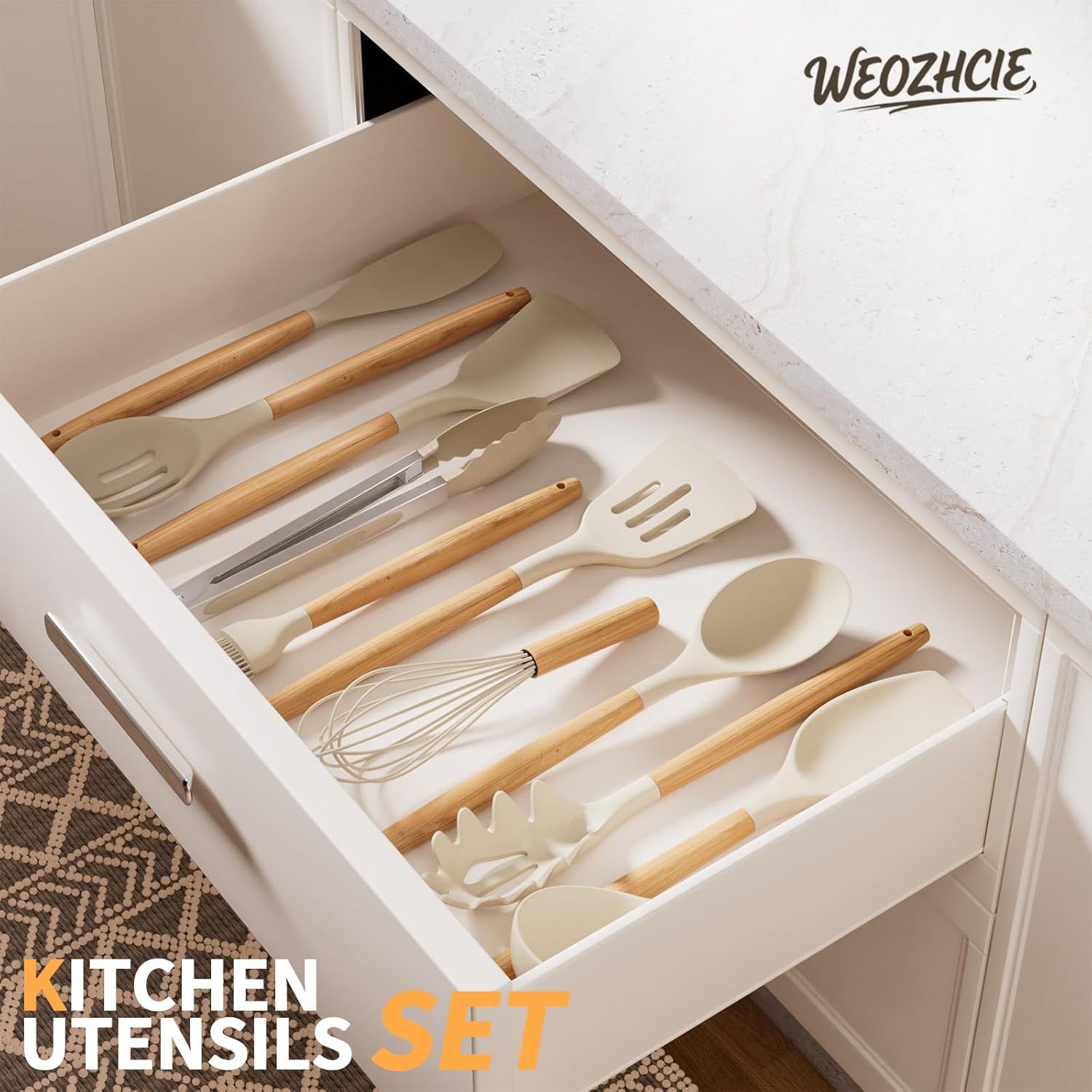 Silicone Cooking Utensil Set,12 PCS Cooking Cookware Kitchen Utensils Set for Cooking, Nonstick 446°F Heat-Resistant Cookware Kitchen Tools of Spoon,Brush,Whisk,Spatula,Turner Tongs Khaki