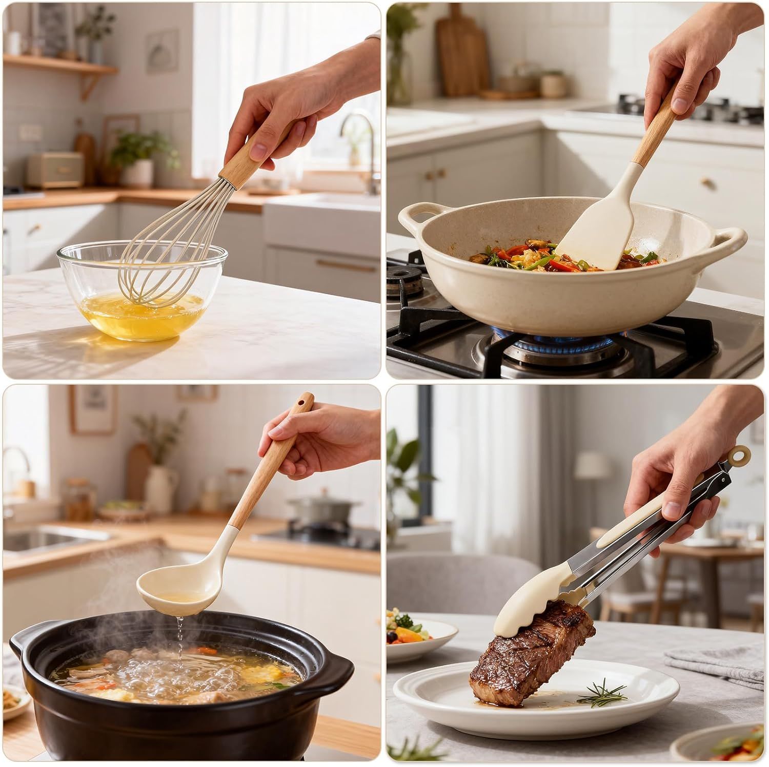 Silicone Cooking Utensil Set,12 PCS Cooking Cookware Kitchen Utensils Set for Cooking, Nonstick 446°F Heat-Resistant Cookware Kitchen Tools of Spoon,Brush,Whisk,Spatula,Turner Tongs Khaki