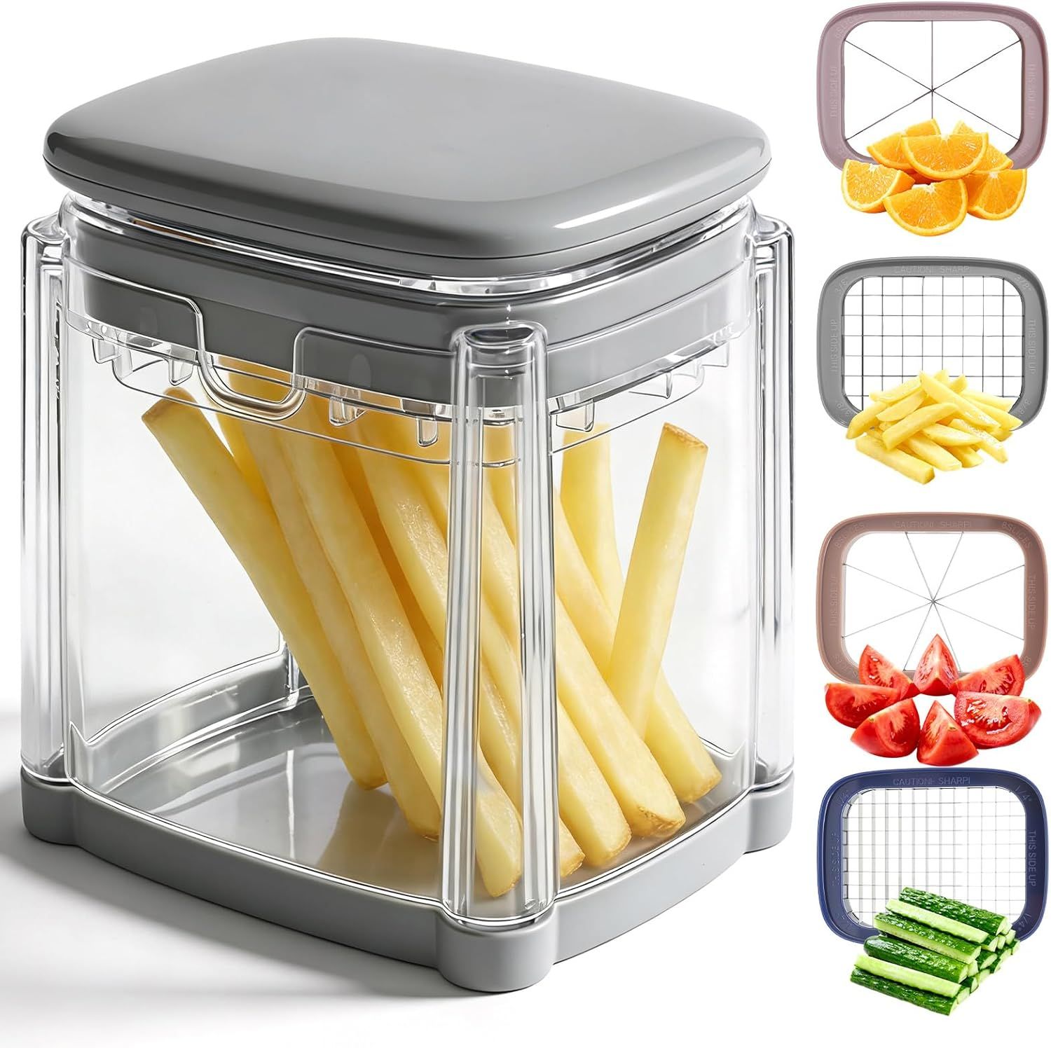 4-In-1 French Fry Cutter for Potatoes, Apple Slicer, Chopper Vegetable Cutter - Dicer Chopper for Carrots, Cucumbers, Onion, Tomato Gray 4-in-1 French Fry Cutter