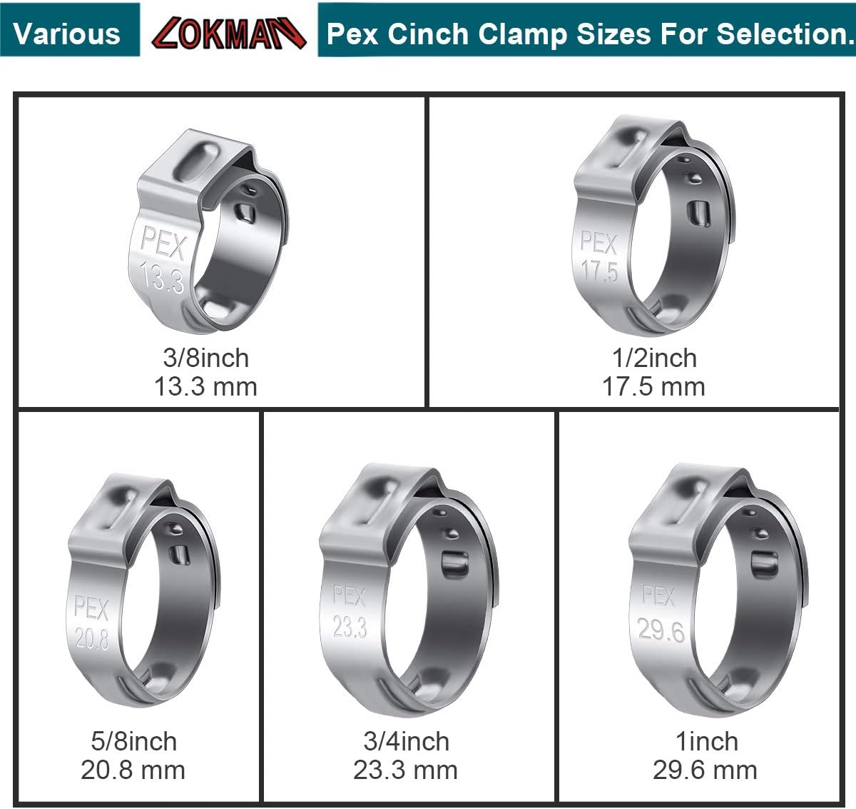50 Pack 1/2 Inch PEX Cinch Clamps, Stainless Steel Rings Pinch Clamps for PEX Tubing Pipe Fitting Connections 1/2 Inch
