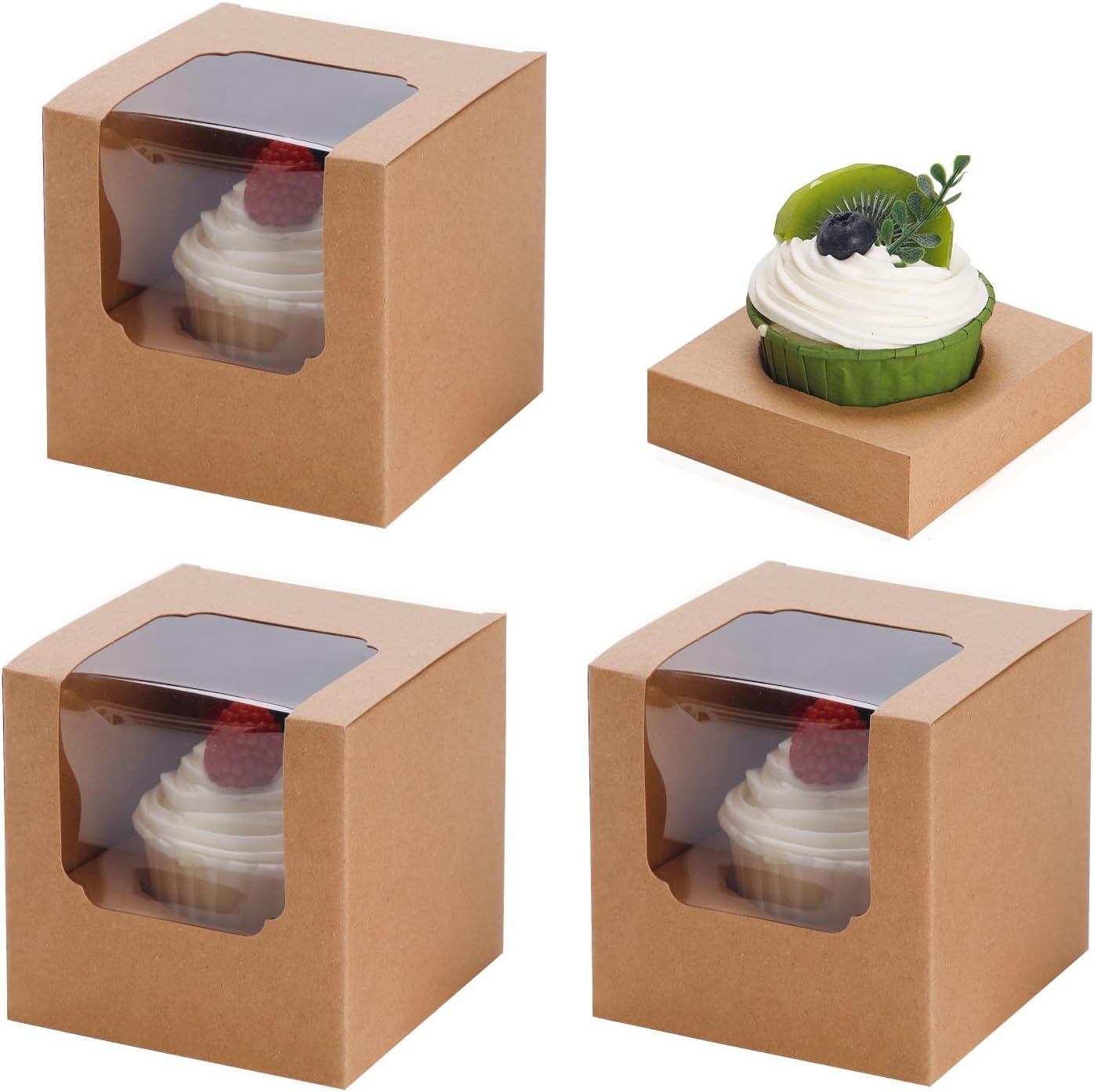 50 Pcs Cupcake Boxes Individual Cupcake Containers Pre-Assembled Single Cupcake Boxes 3.5"x3.5"x3.5" with 50 Pcs Inserts for Cupcakes Muffins Party Favors Brown