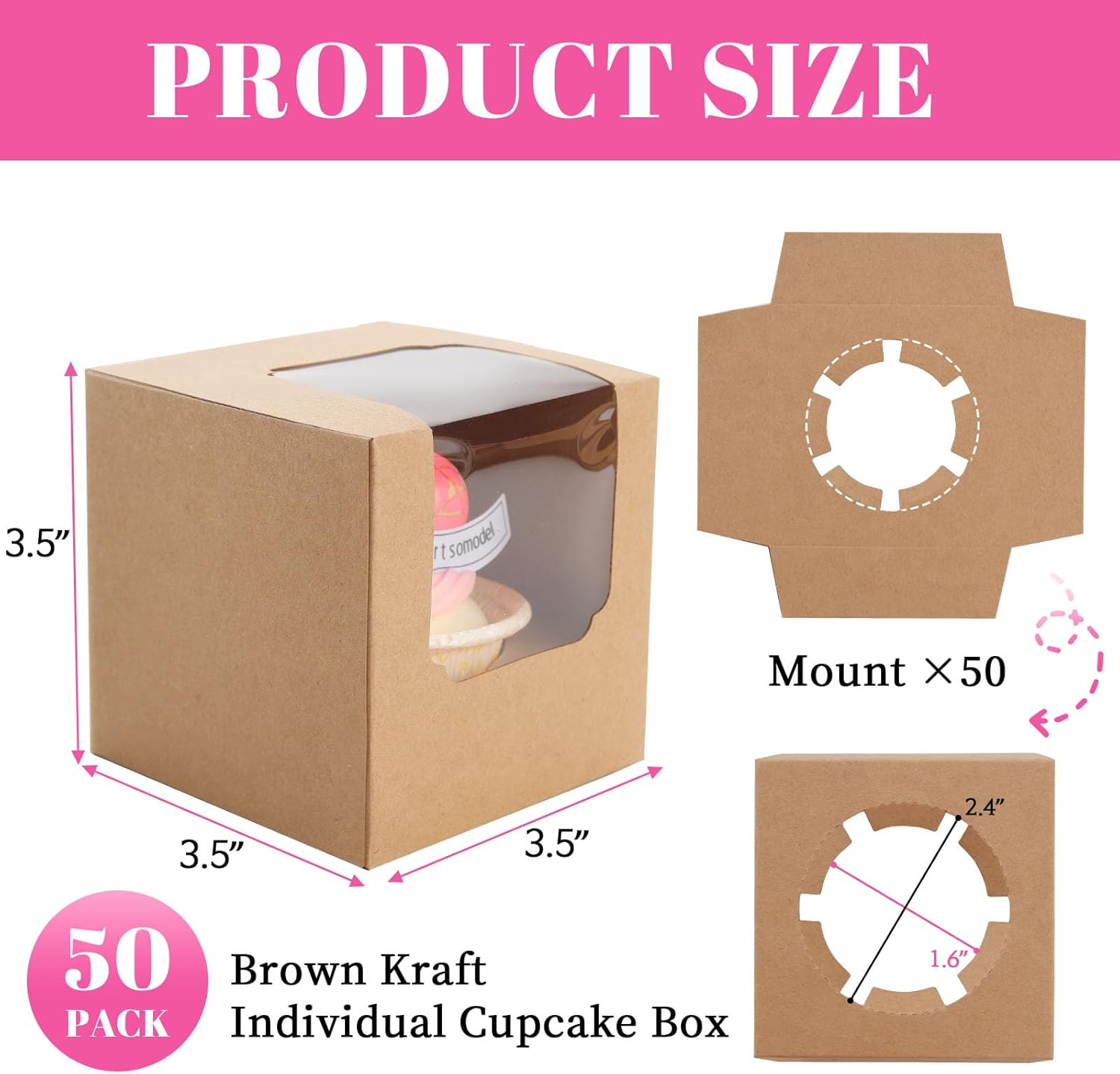50 Pcs Cupcake Boxes Individual Cupcake Containers Pre-Assembled Single Cupcake Boxes 3.5"x3.5"x3.5" with 50 Pcs Inserts for Cupcakes Muffins Party Favors Brown