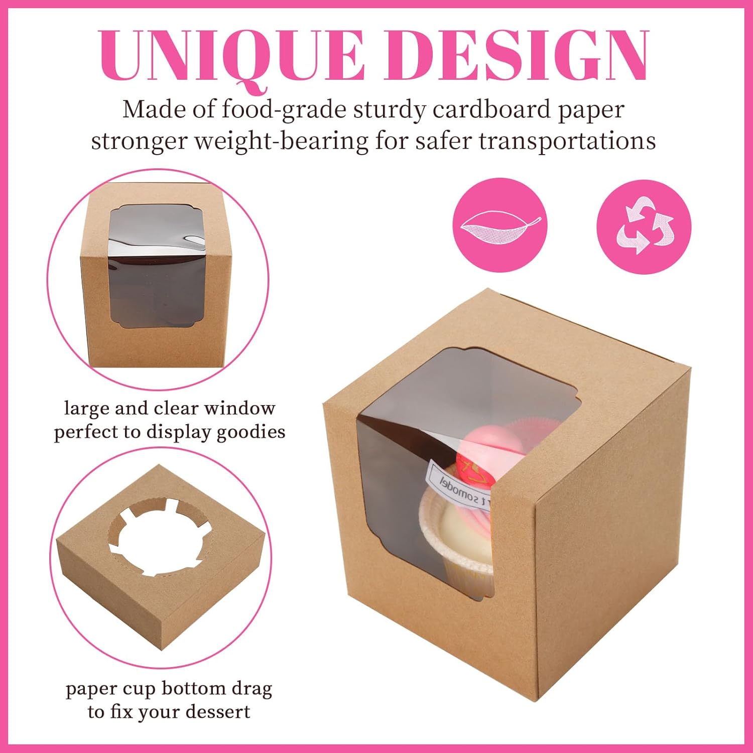 50 Pcs Cupcake Boxes Individual Cupcake Containers Pre-Assembled Single Cupcake Boxes 3.5"x3.5"x3.5" with 50 Pcs Inserts for Cupcakes Muffins Party Favors Brown