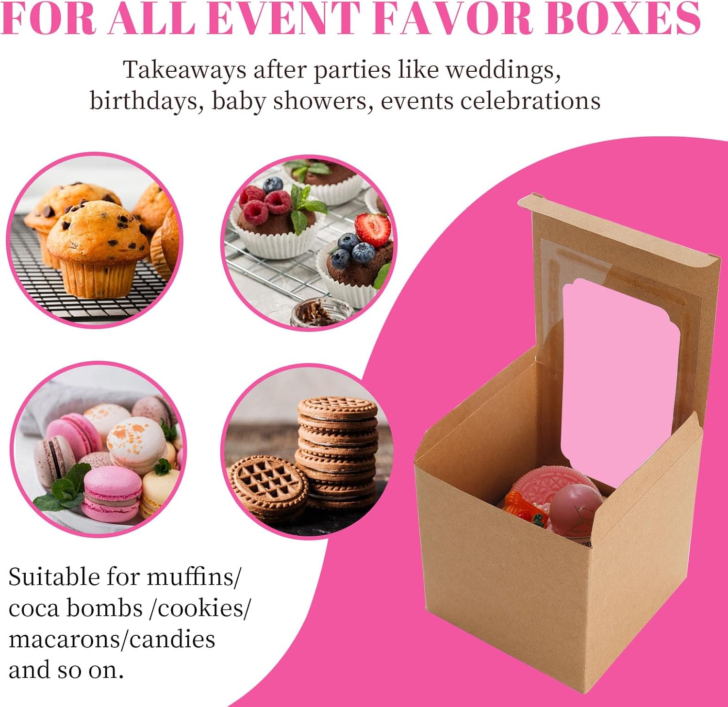 50 Pcs Cupcake Boxes Individual Cupcake Containers Pre-Assembled Single Cupcake Boxes 3.5"x3.5"x3.5" with 50 Pcs Inserts for Cupcakes Muffins Party Favors Brown