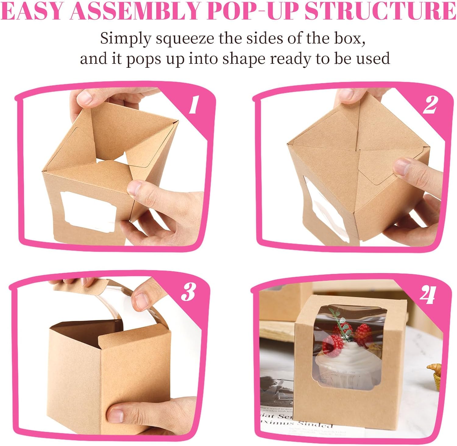 50 Pcs Cupcake Boxes Individual Cupcake Containers Pre-Assembled Single Cupcake Boxes 3.5"x3.5"x3.5" with 50 Pcs Inserts for Cupcakes Muffins Party Favors Brown