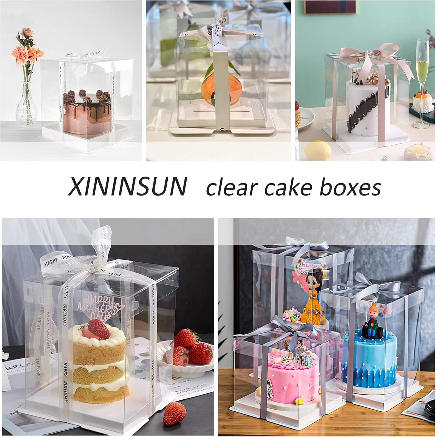10 inch Clear cake Box, Large Transparent cake Box,tall cake boxes with Ribbon,10x10x9inch - Suitable for packing 8" or 10" cakes,Clear Gift Display Box for Carry Tall Layer Gift-6Pcs-White