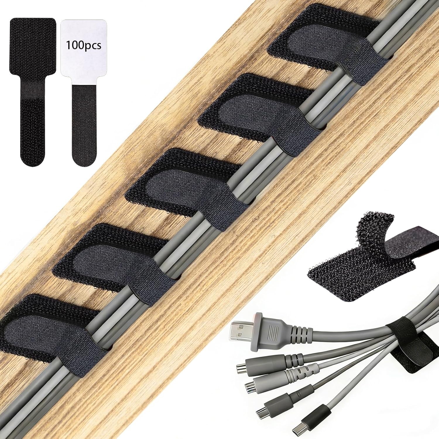 100 Pcs Hook and Loop Cable Ties, Self Adhesive Cable Management Desktop Cable Straps, Adjustable Cord Organizer for Desk Home Office Organization Black