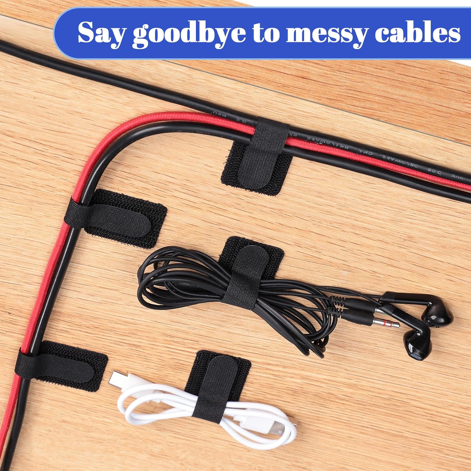 100 Pcs Hook and Loop Cable Ties, Self Adhesive Cable Management Desktop Cable Straps, Adjustable Cord Organizer for Desk Home Office Organization Black