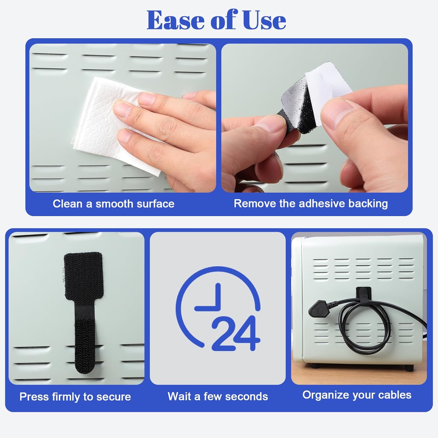 100 Pcs Hook and Loop Cable Ties, Self Adhesive Cable Management Desktop Cable Straps, Adjustable Cord Organizer for Desk Home Office Organization Black