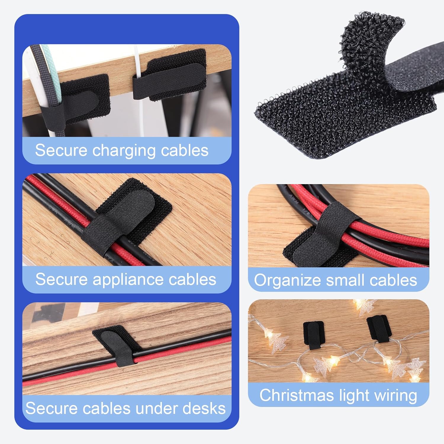 100 Pcs Hook and Loop Cable Ties, Self Adhesive Cable Management Desktop Cable Straps, Adjustable Cord Organizer for Desk Home Office Organization Black