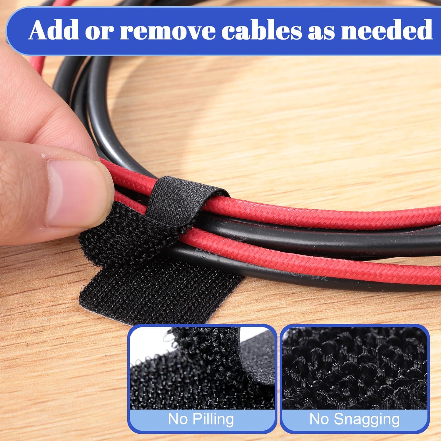 100 Pcs Hook and Loop Cable Ties, Self Adhesive Cable Management Desktop Cable Straps, Adjustable Cord Organizer for Desk Home Office Organization Black