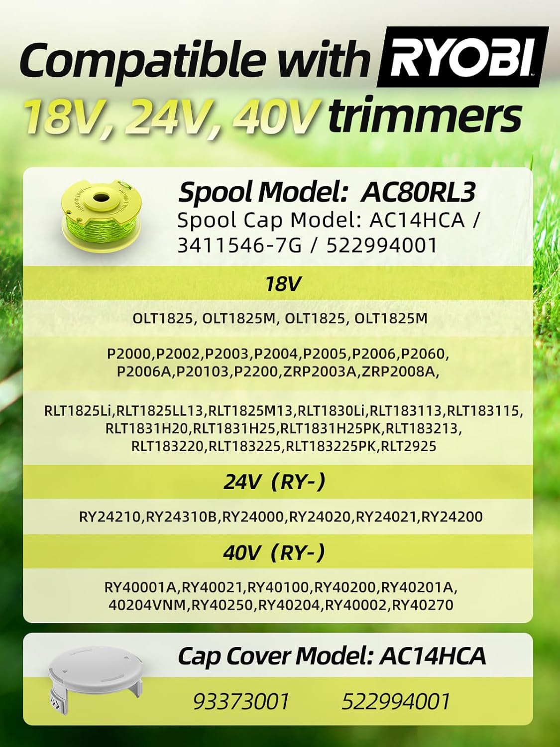 Trimmer String for Ryobi One Plus+ AC80RL3,11 FT/0.080-Inch，Spool Replacement Compatible with Ryobi 18v, 24v, and 40v Cordless Trimmers 9 Pack Trimmer Line & 2 Pack Trimmer Cap