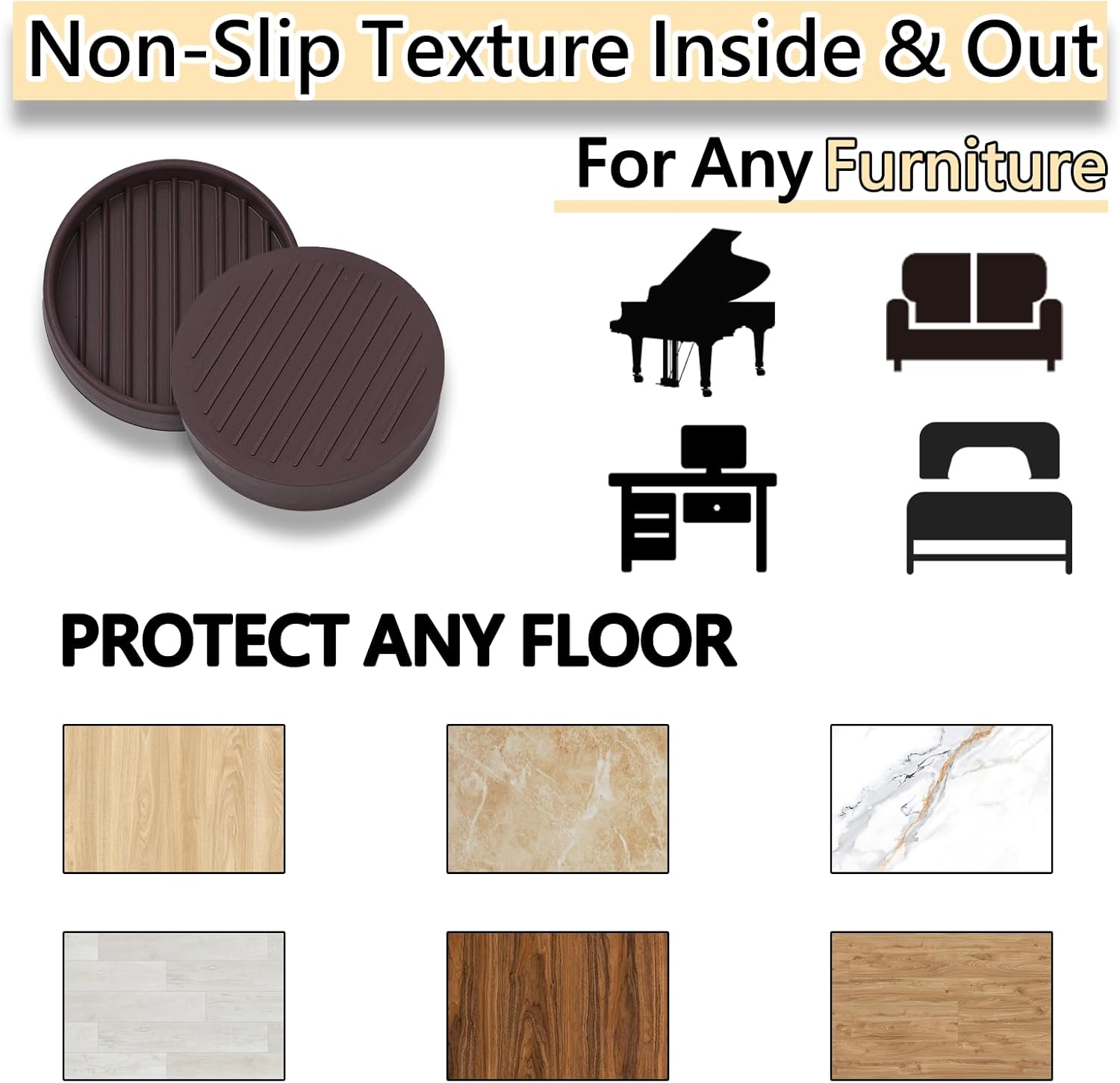 1.5x1.5 Round Rubber Furniture Caster Cups, Anti-Sliding Furniture Pads Bed Stopper Floor Protectors with Grip - Protect Any Flooring