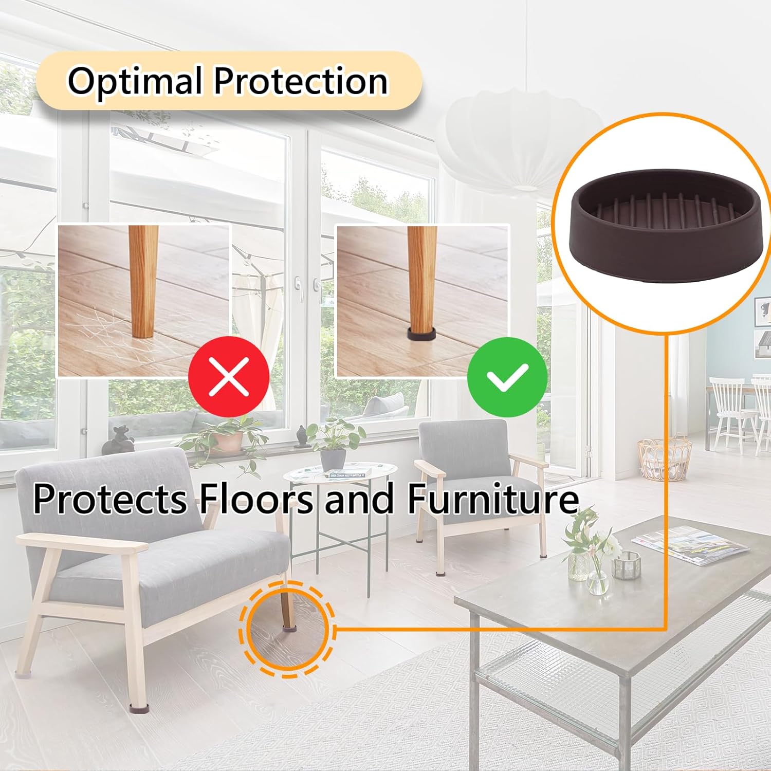 1.5x1.5 Round Rubber Furniture Caster Cups, Anti-Sliding Furniture Pads Bed Stopper Floor Protectors with Grip - Protect Any Flooring