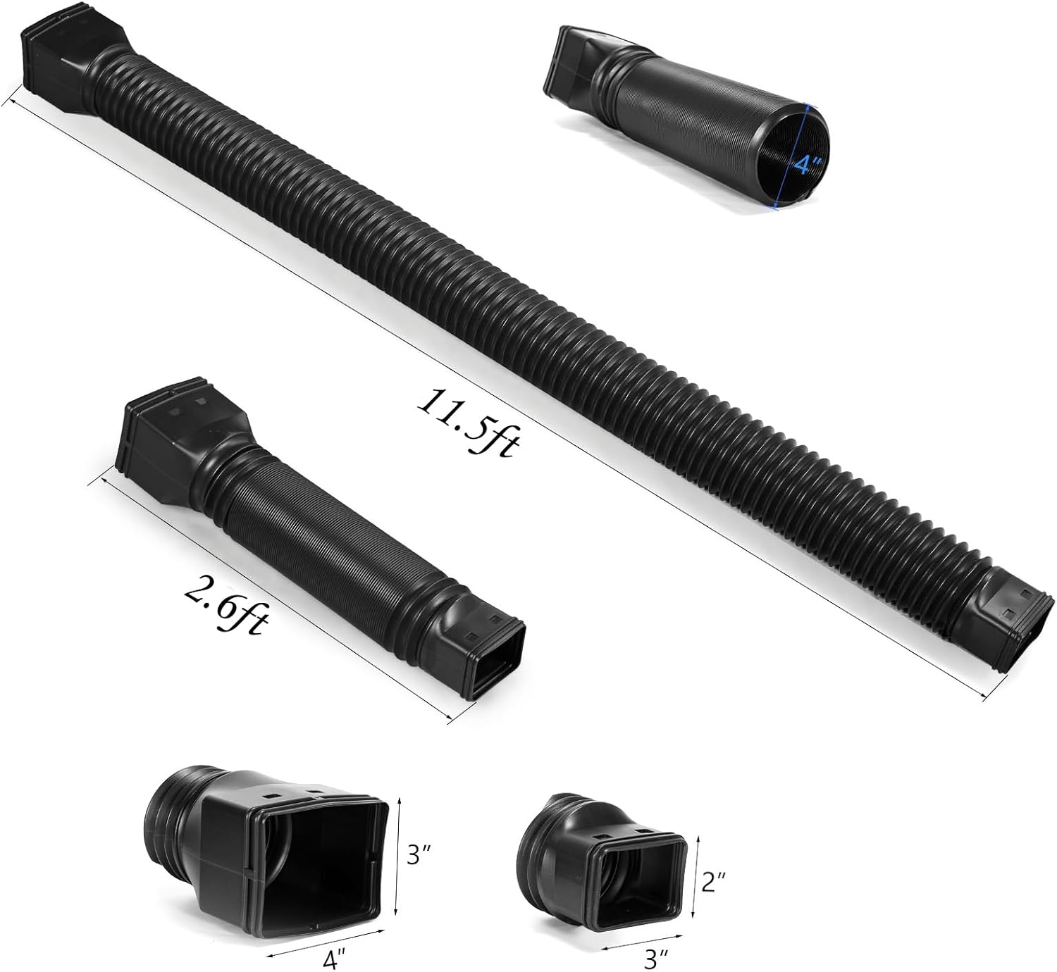 11.5ft Long Gutter Downspout Extensions Flexible, 4" Diameter Drain Downspout Extender, Down Spout Drain Extender for Rainwater Drainage, Extendable from 2.6ft to 11.5ft Black