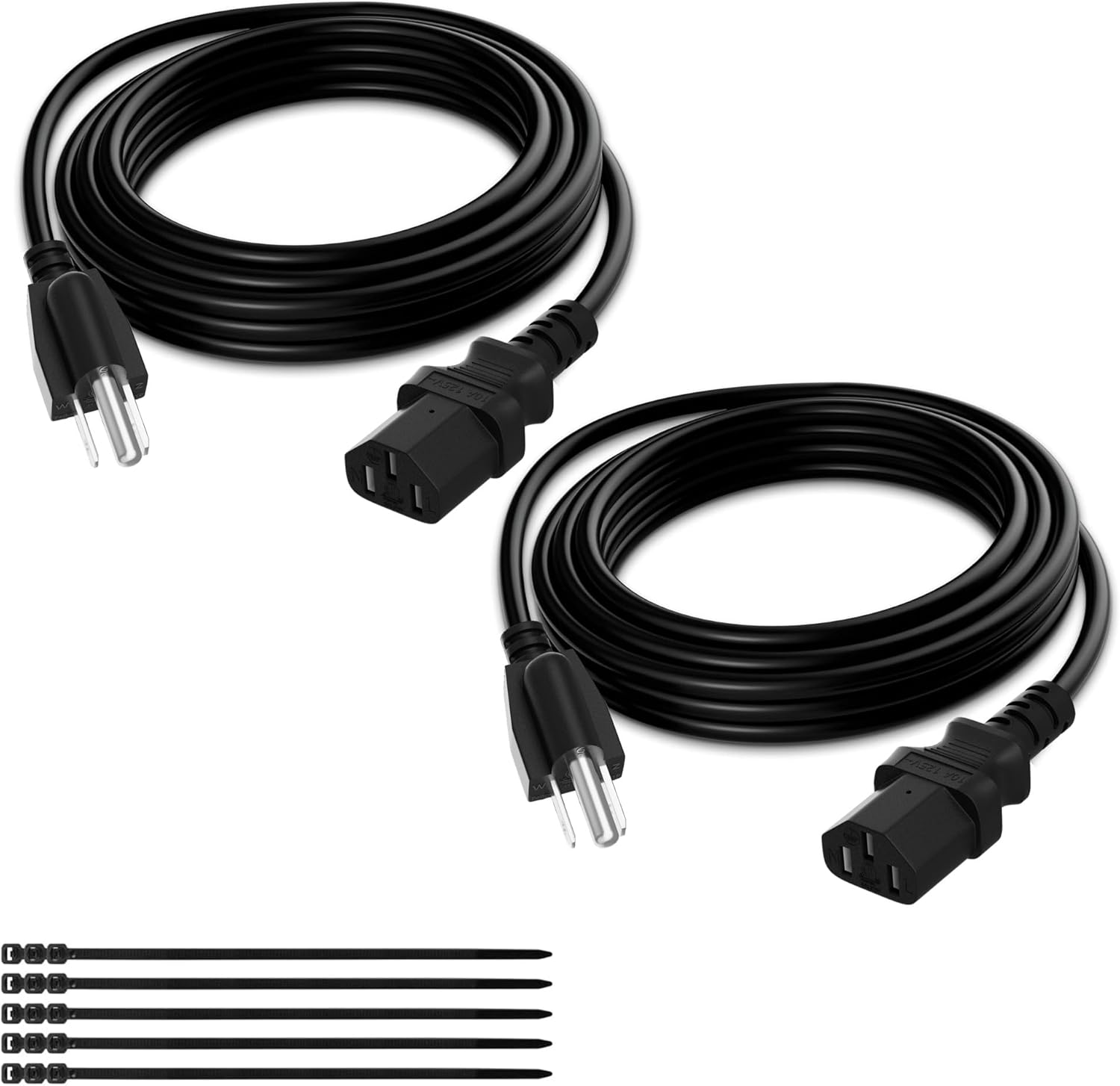3-Prong Replacement Power Cord 10 Ft/2 Pack, Heatproof Flexible Durable AC Device Power Cable for Appliance, Computer, TV, Monitor, Printer, ETL Listed 18AWG 125V 10A, with Ties