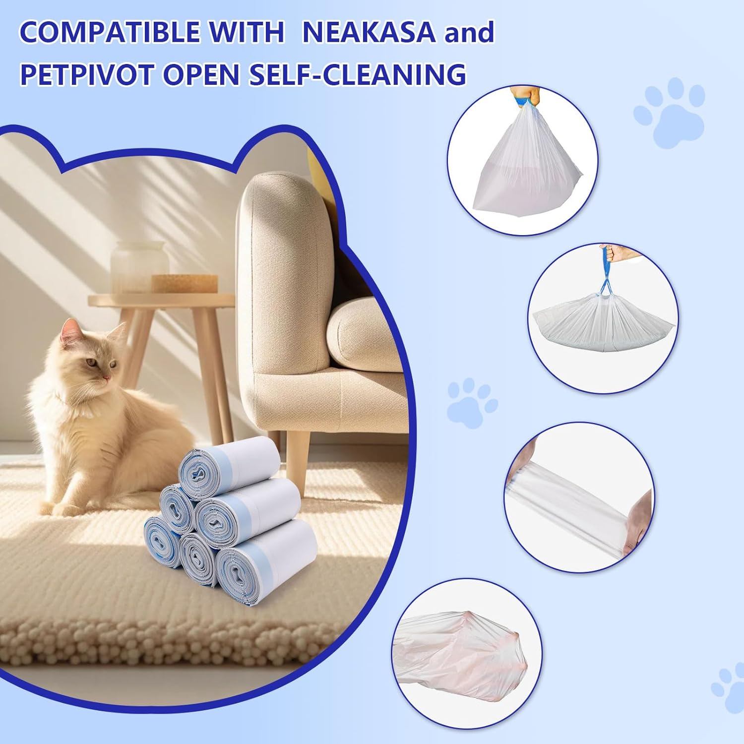 120 Count Cat Litter Box Bags for Neakasa and PetPivot Open Self-Cleaning Cat Litter Boxes, Extra Thick Heavy Duty Liners Replacement, Unscented, 27" x 13", Holds 22 lbs