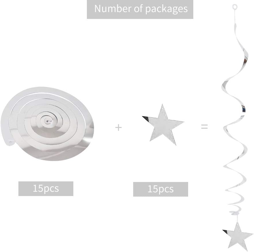 Silver Star Hanging Swirl Decorations,Hanging Silver Party Supplies for Graduation Wedding Baby Shower Decorations, Pack of 15