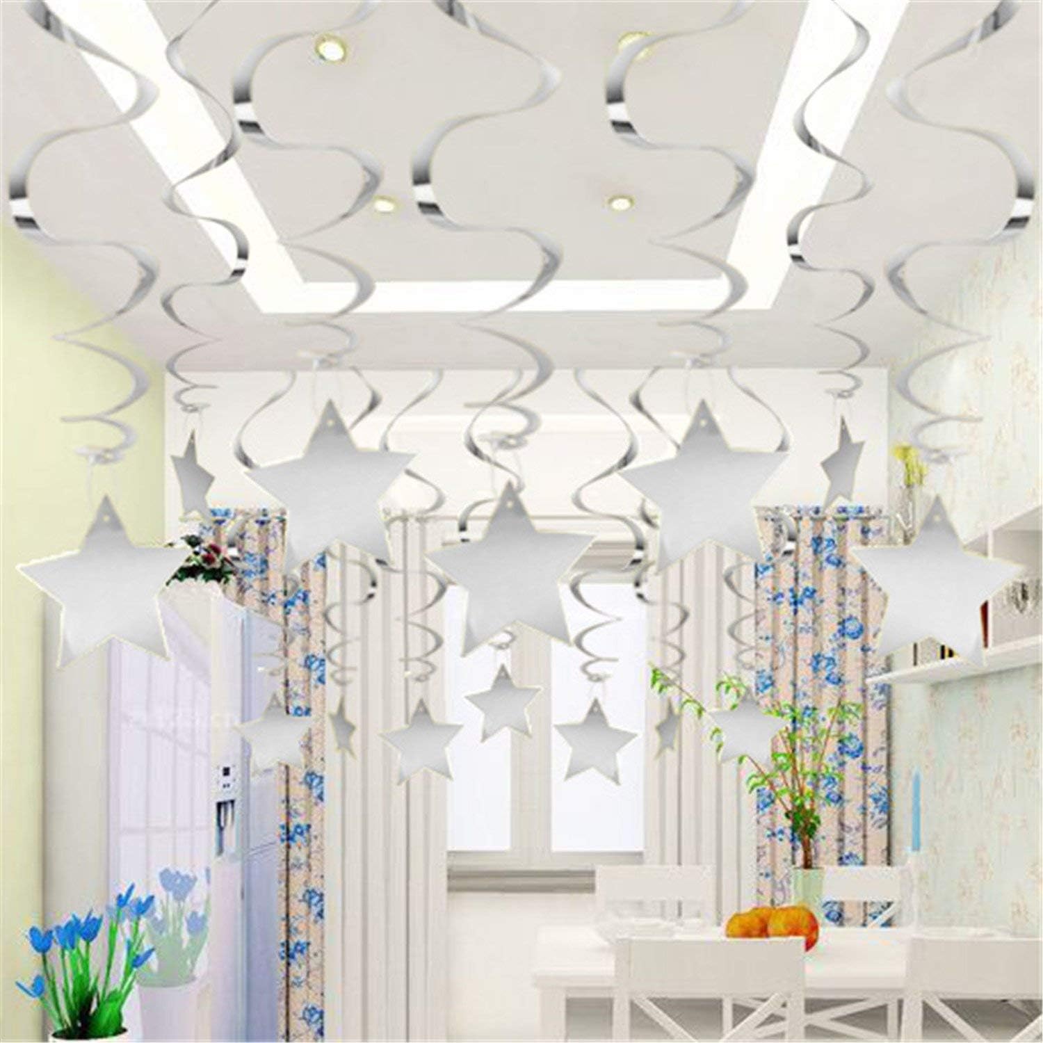 Silver Star Hanging Swirl Decorations,Hanging Silver Party Supplies for Graduation Wedding Baby Shower Decorations, Pack of 15