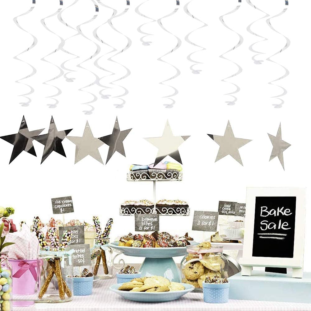 Silver Star Hanging Swirl Decorations,Hanging Silver Party Supplies for Graduation Wedding Baby Shower Decorations, Pack of 15