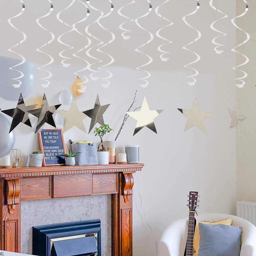 Silver Star Hanging Swirl Decorations,Hanging Silver Party Supplies for Graduation Wedding Baby Shower Decorations, Pack of 15