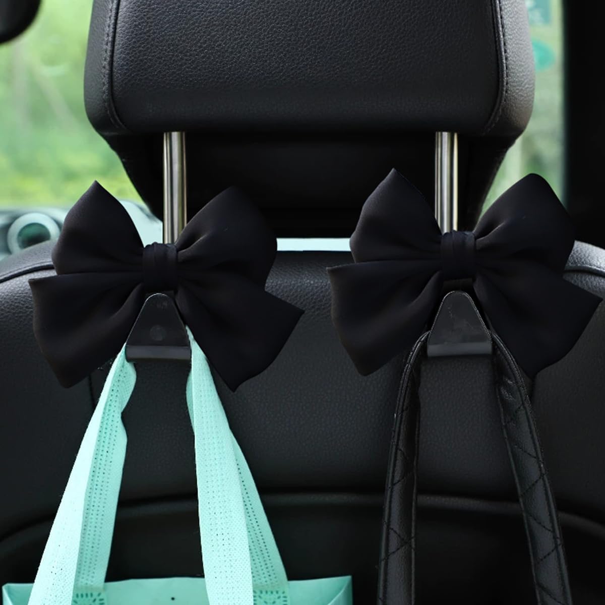 2PCS Car Seat Headrest Hooks, Cute Bow Vehicle Hooks for Purses and Bags, Automotive Purse Hook Hanger Interior Decoration Accessories, Universal for SUV, Sedan, Truck Black Line