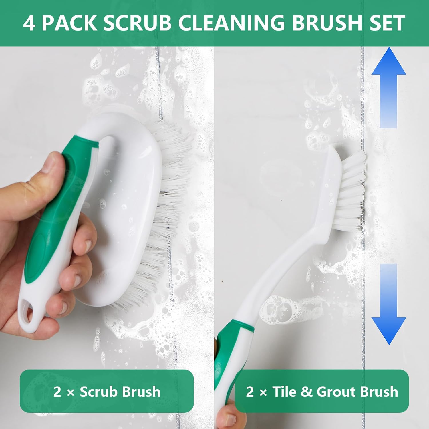 Scrub Brush Set, 4 Pack Deep Cleaning Brush Kit - 2 Scrub Brush, 2 Tile & Grout Brush with Built-in Scraper, Household Commercial Scrubber for Floor, Shower, Pool Wall, Tub Green