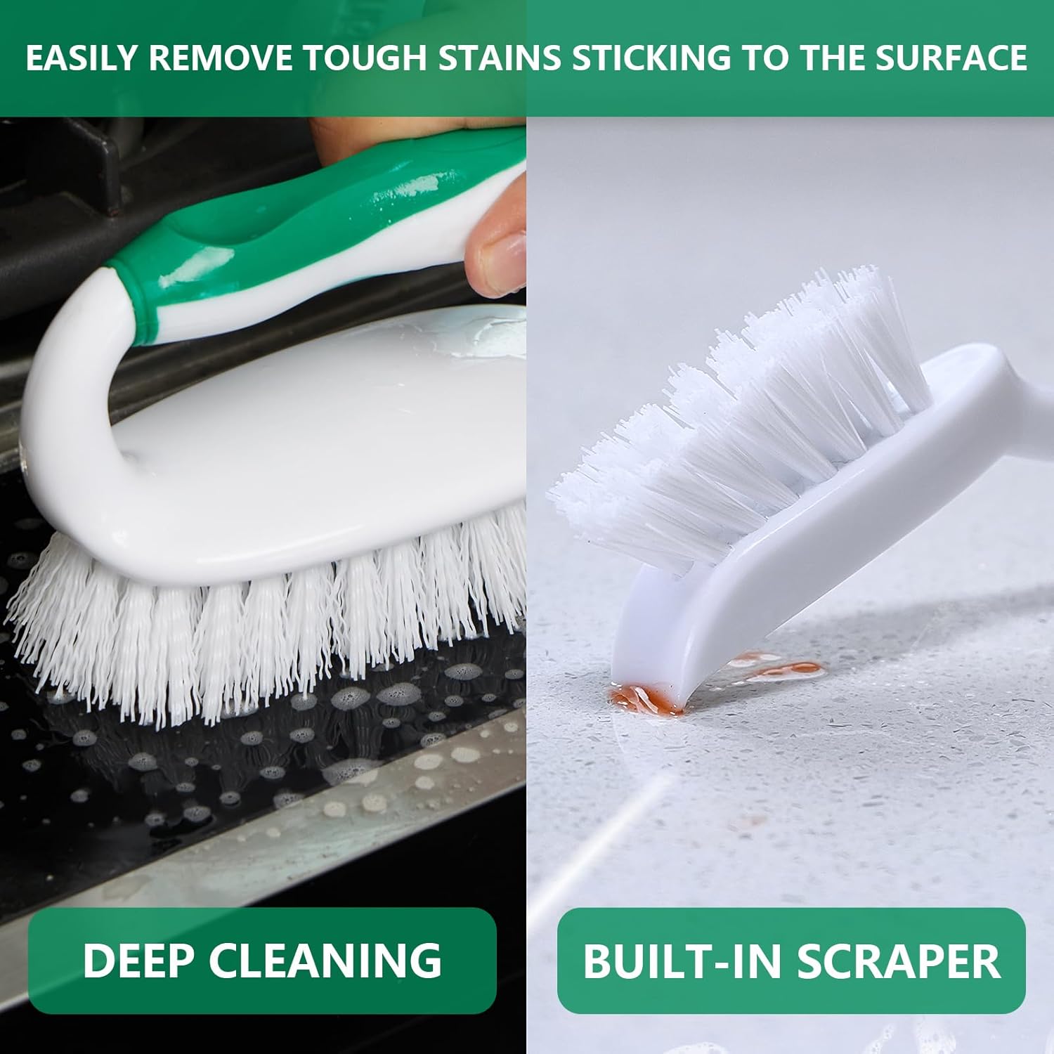 Scrub Brush Set, 4 Pack Deep Cleaning Brush Kit - 2 Scrub Brush, 2 Tile & Grout Brush with Built-in Scraper, Household Commercial Scrubber for Floor, Shower, Pool Wall, Tub Green