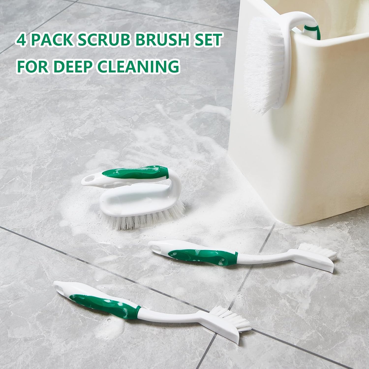 Scrub Brush Set, 4 Pack Deep Cleaning Brush Kit - 2 Scrub Brush, 2 Tile & Grout Brush with Built-in Scraper, Household Commercial Scrubber for Floor, Shower, Pool Wall, Tub Green