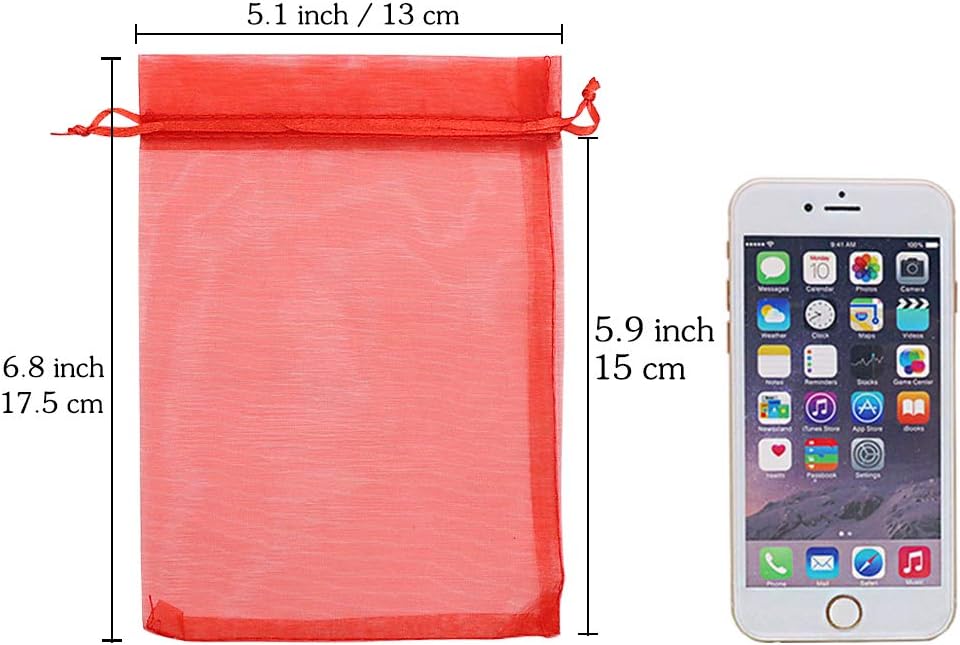 Organza Bags Red 100pcs, 5 x 7 inches Christmas Gift Drawstring Bags Mesh Jewelry Pouches for Wedding Party Favors