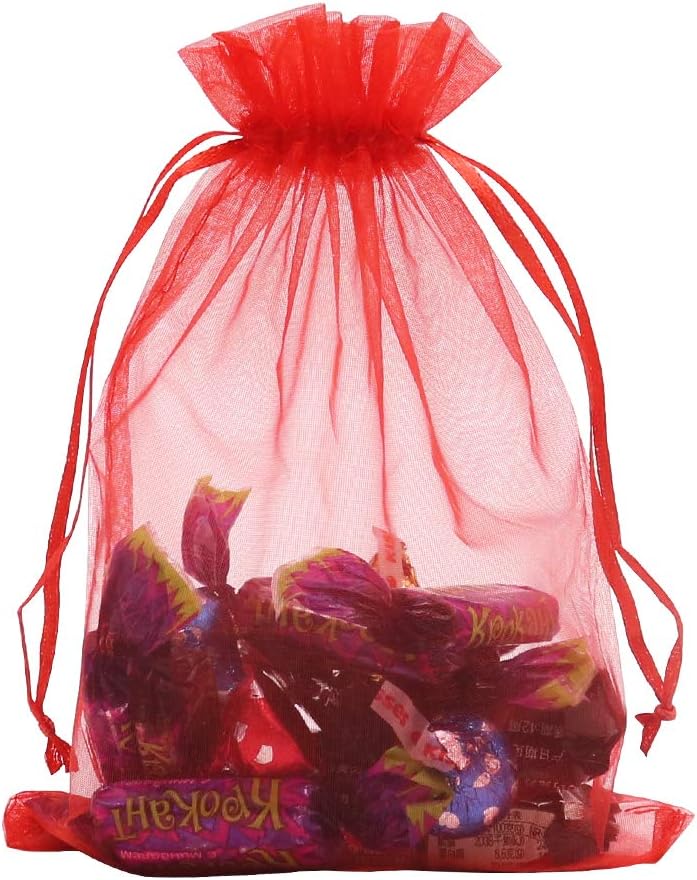 Organza Bags Red 100pcs, 5 x 7 inches Christmas Gift Drawstring Bags Mesh Jewelry Pouches for Wedding Party Favors