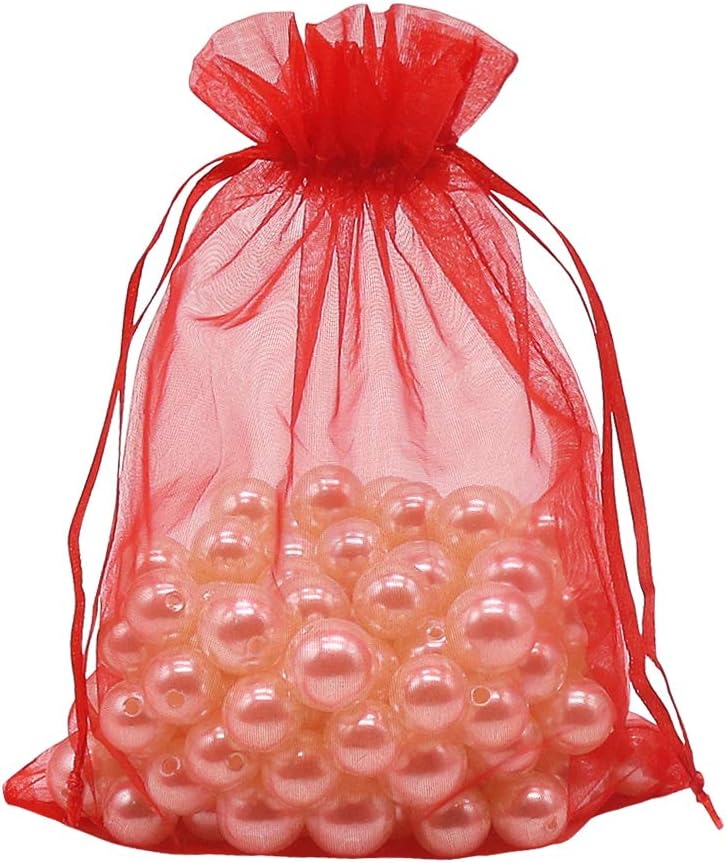 Organza Bags Red 100pcs, 5 x 7 inches Christmas Gift Drawstring Bags Mesh Jewelry Pouches for Wedding Party Favors