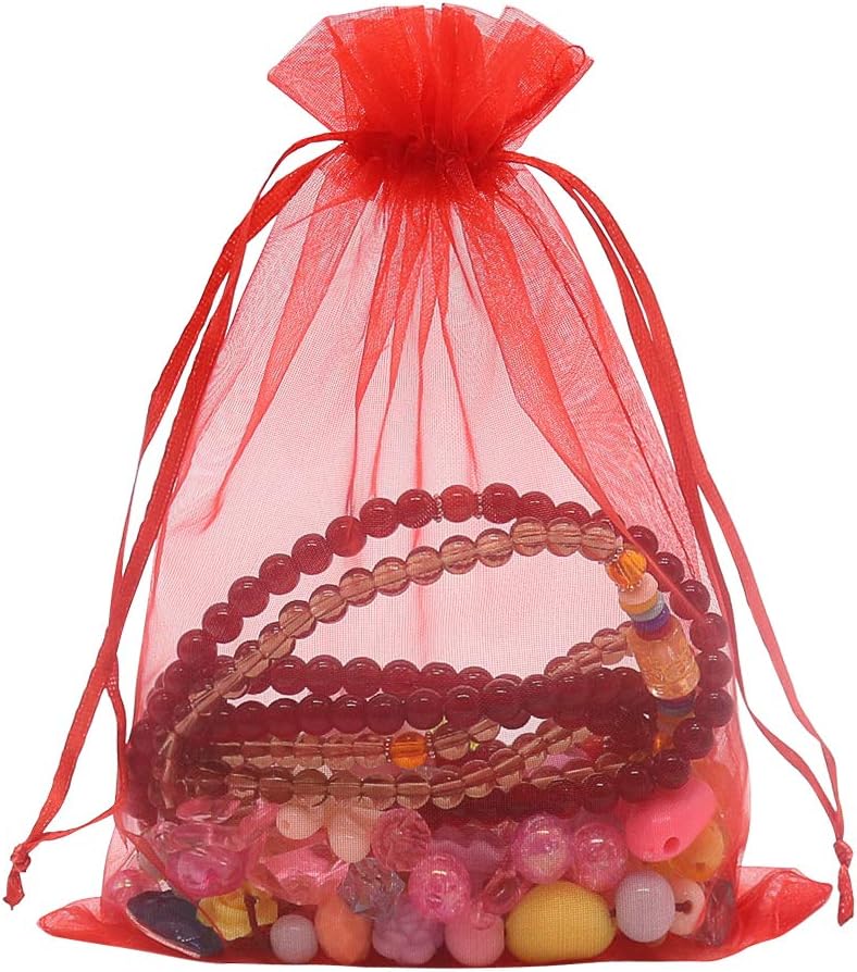 Organza Bags Red 100pcs, 5 x 7 inches Christmas Gift Drawstring Bags Mesh Jewelry Pouches for Wedding Party Favors
