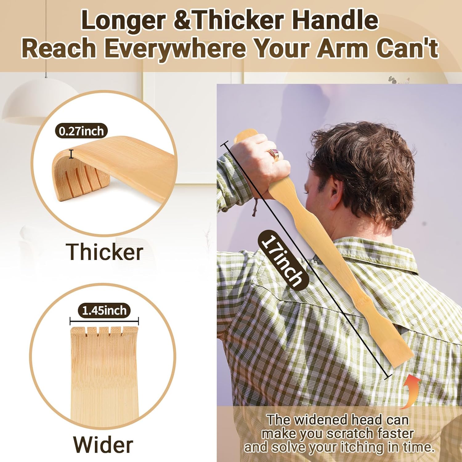 Wooden Bamboo Back Scratcher, 17" Natural Handmade Back Scratchers for Men and Women, New Upgraded Long Handle Back Massager, Relaxation Gifts for Mom and Dad