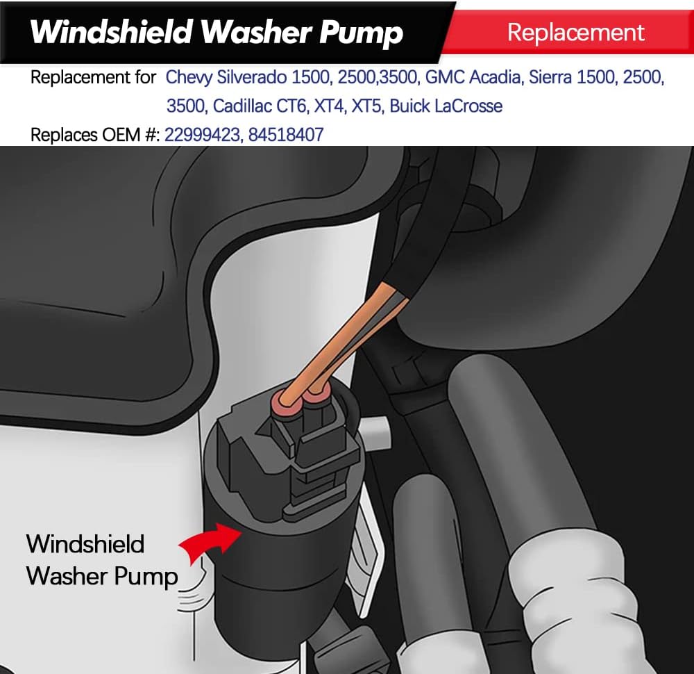 Front Windshield Washer Pump w/Grommet Replacement for Chevy Silverado 1500, 2500,3500, GMC Acadia, Sierra 1500, 2500, 3500, Cadillac CT6, XT4, XT5, Buick LaCrosse Replaces OEM 22999423, 84518407