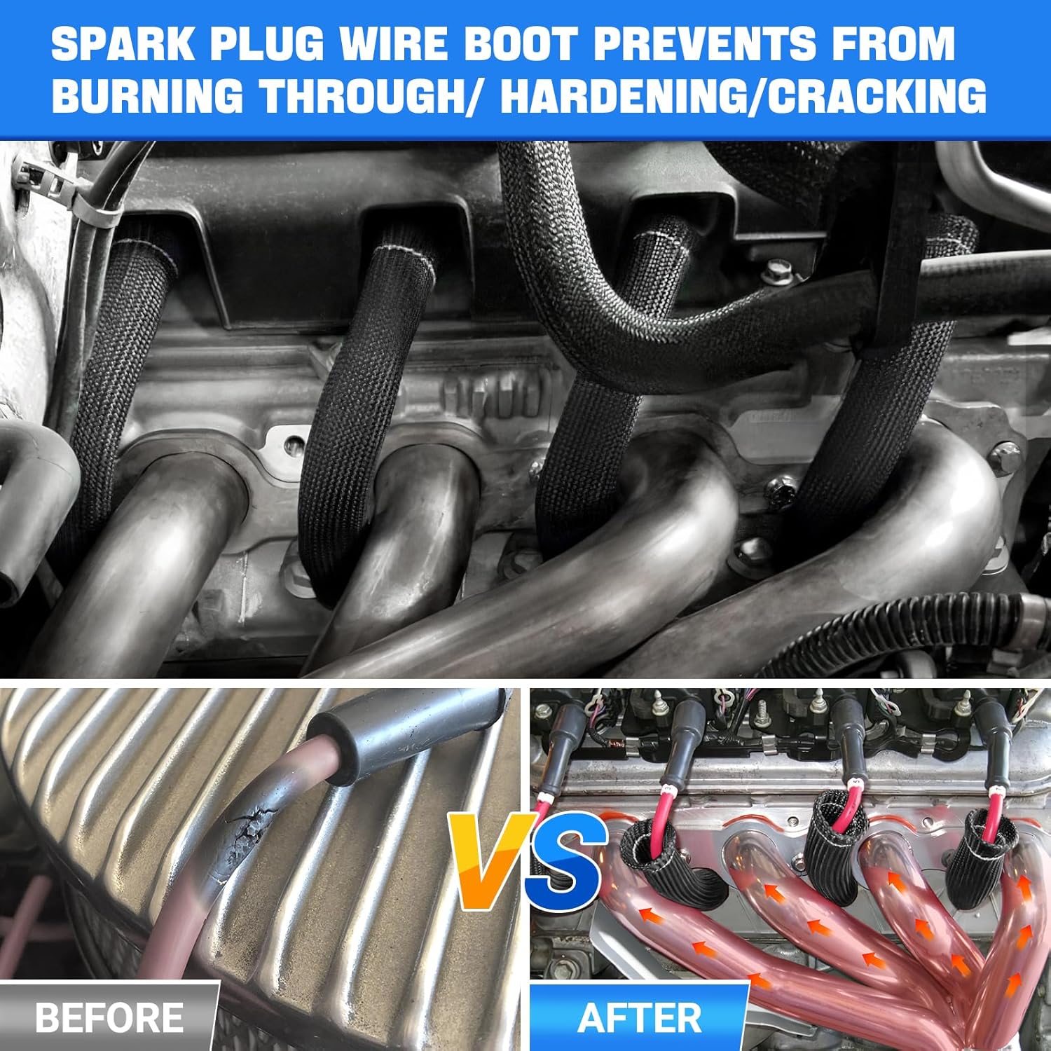 Spark Plug Wire Heat Shield Sleeve 2500° Spark Plug Boot Protector Boots Wrap for SBC BBC 350 454 8PCS Plug Wire Covers