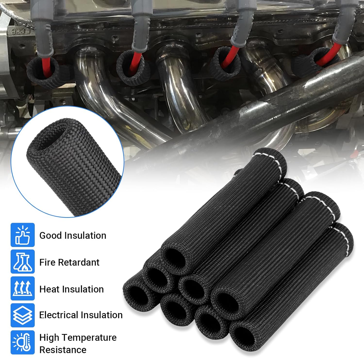 Spark Plug Wire Heat Shield Sleeve 2500° Spark Plug Boot Protector Boots Wrap for SBC BBC 350 454 8PCS Plug Wire Covers