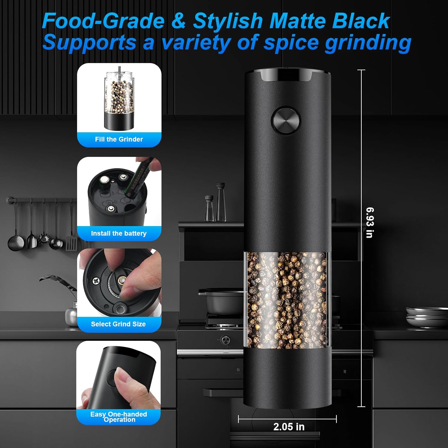 Electric Pepper or Salt Grinder,Adjustable Coarseness Salt & Pepper Mill,With LED Light,Easy to Clean,Battery Powered,One Handed Operation,Kitchen Essential 1 pack/black