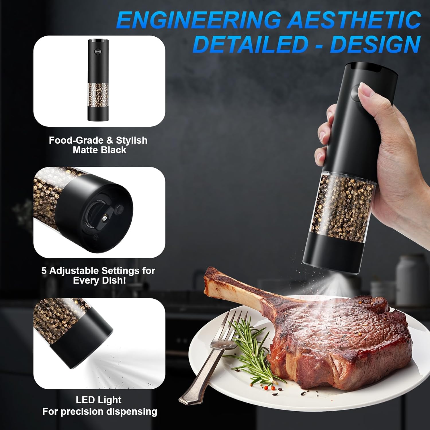 Electric Pepper or Salt Grinder,Adjustable Coarseness Salt & Pepper Mill,With LED Light,Easy to Clean,Battery Powered,One Handed Operation,Kitchen Essential 1 pack/black