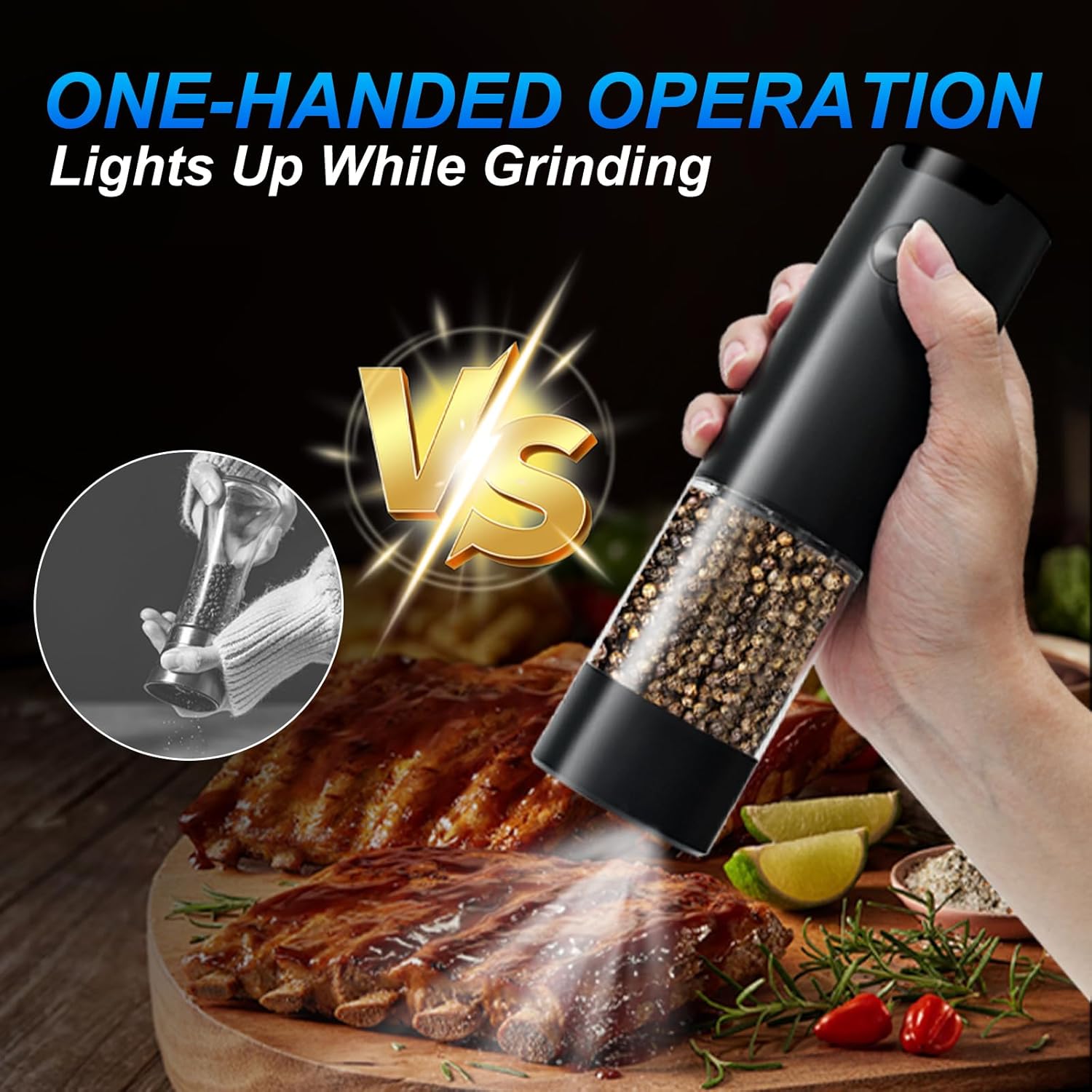 Electric Pepper or Salt Grinder,Adjustable Coarseness Salt & Pepper Mill,With LED Light,Easy to Clean,Battery Powered,One Handed Operation,Kitchen Essential 1 pack/black